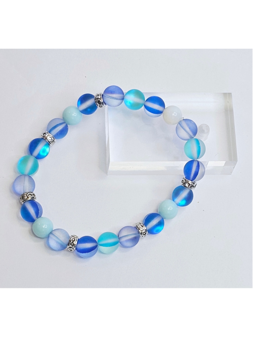 Moonstone Glass Beaded Bracelet 8.5 Inch
